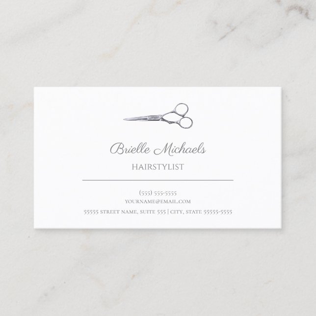 Simple Silver Scissors Elegant Script Hair Stylist Business Card (Front)