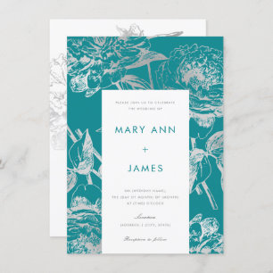 Simple Silver Teal Modern Floral Wedding Invitation