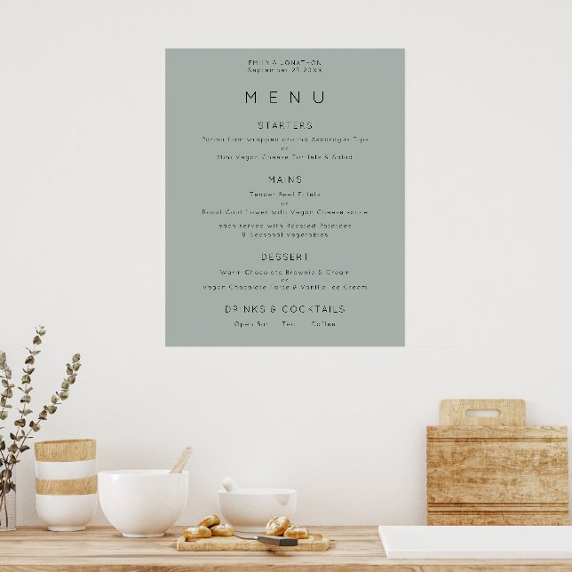 Simple Silvery Sage Green Wedding Menu Poster (Kitchen)