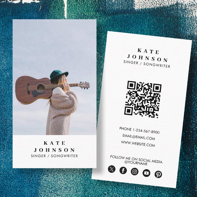 Simple Singer Musician Photo Social Media QR Code Business Card (Simple Singer Musician Photo Social Media QR Code Business Card)