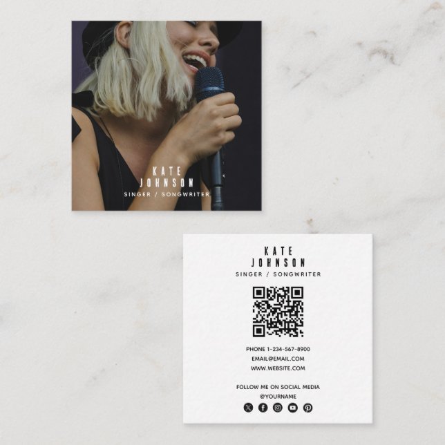 Simple Singer Musician Photo Social Media QR Code Square Business Card (Front/Back)