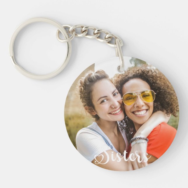 Simple Sisters One Photo Elegant Script Heart Key Ring (Front)