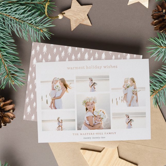 Simple Six | Minimalist Photo Collage Rose Gold Foil Holiday Card (Creator Uploaded)