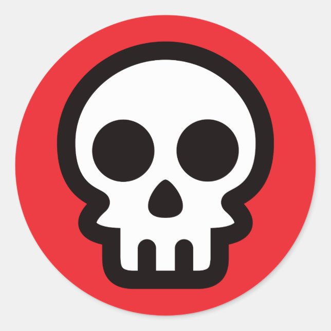 Simple skull logo on red background, round sticker (Front)