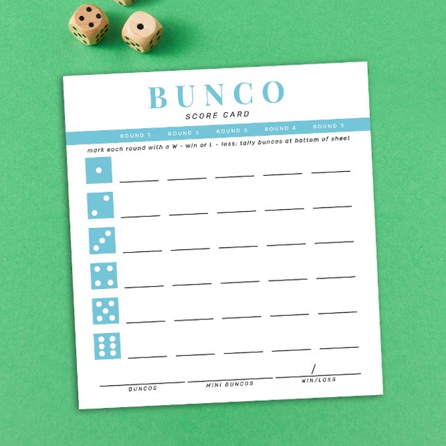 Simple Sky Blue Bunco Score Card Notepad (modern tear-off notepad Bunco score card with sky blue dice graphics and accents )