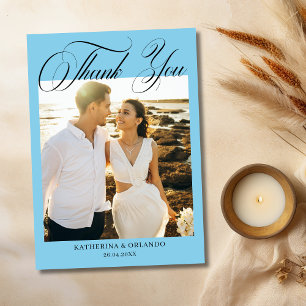 Simple Sky Blue Elegant Wedding Photo Thank You Card