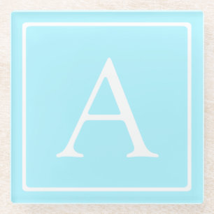 Simple Sky Blue Monogram Glass Coaster