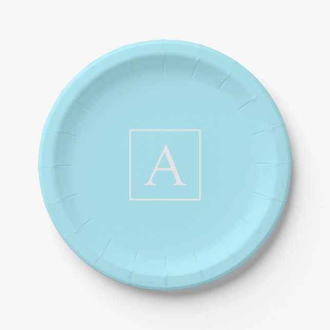 Simple Sky Blue Monogram Paper Plate (Front)