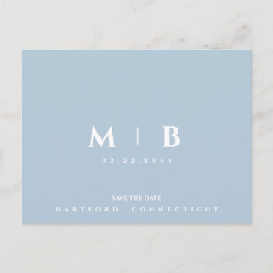 Simple Sky Blue Monogram Wedding Save the Date Postcard