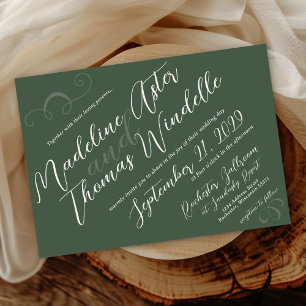 Simple Slant Script Dark Green Elegant Wedding Invitation