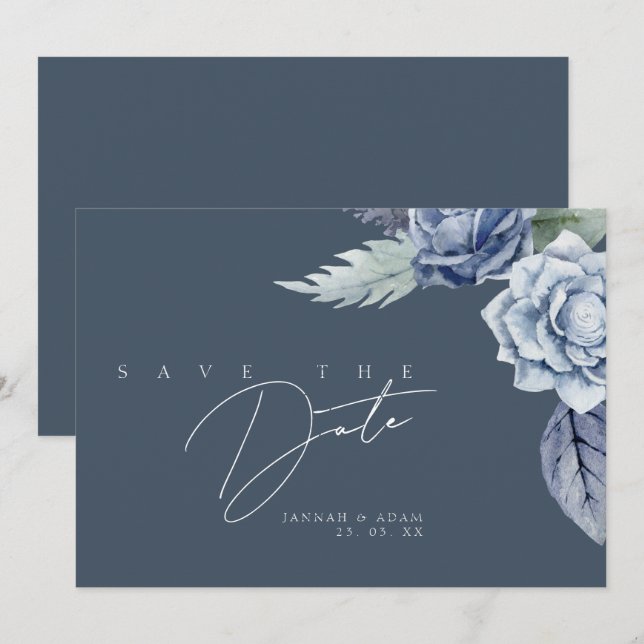 Simple Slate Blue Rose Wedding Save The Date (Front/Back)