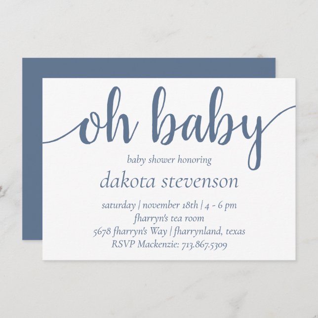 Simple Slate Oh Baby | Dusty Blue Flourish Shower Invitation (Front/Back)