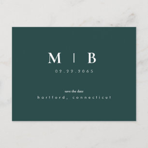 Simple & Sleek Monogram Emerald Save the Date Announcement Postcard