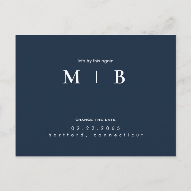 Simple & Sleek Monogram Navy Change the Date  Announcement Postcard (Front)