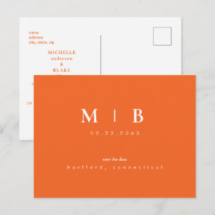 Simple Sleek Monogram Orange Save the Date Wedding Announcement Postcard