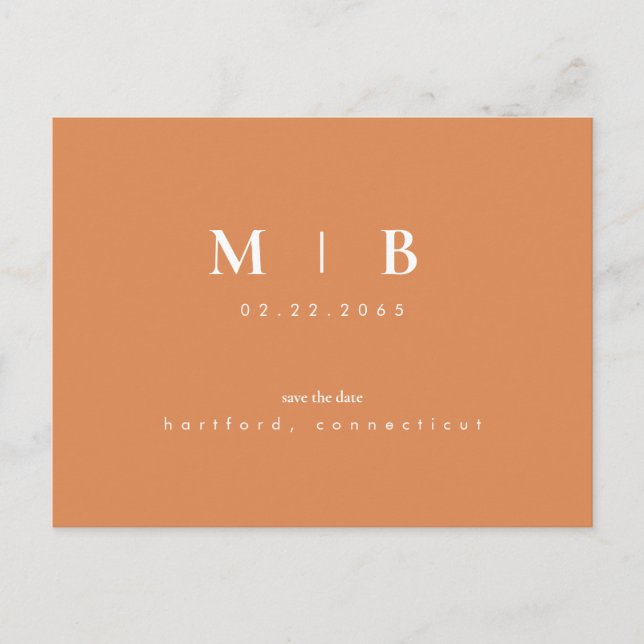 Simple & Sleek Monogram Peach Save the Date Announcement Postcard (Front)