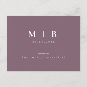 Simple & Sleek Monogram Plum Save the Date Announcement Postcard