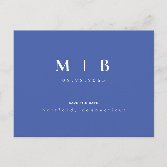 Simple & Sleek Monogram Spring Blue Save the Date Announcement Postcard (Front)