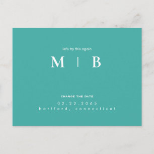 Simple & Sleek Monogram Turquoise Change the Date Announcement Postcard