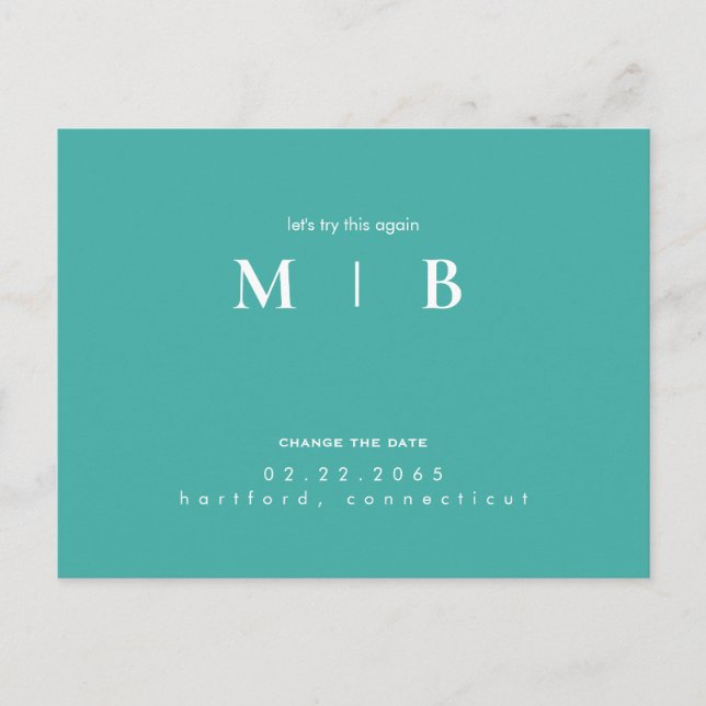 Simple & Sleek Monogram Turquoise Change the Date Announcement Postcard (Front)