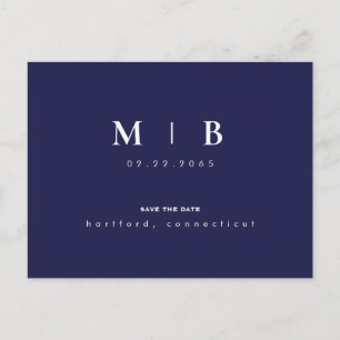 Simple Sleek Navy Monogram Wedding Save the Date  Postcard