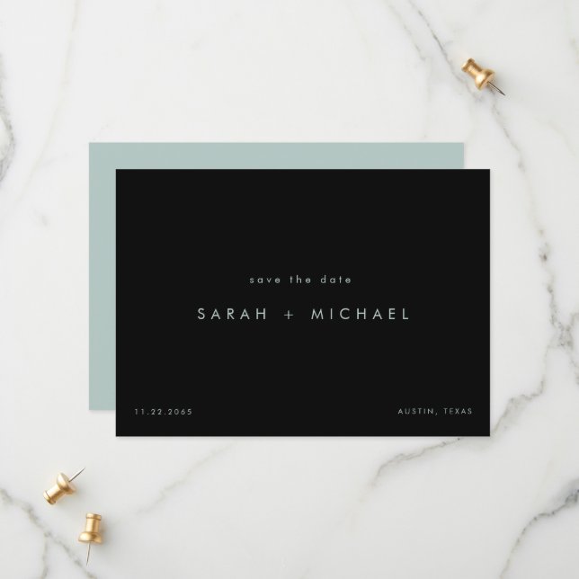 Simple & Sleek Seafoam & Black Save the Date (Front/Back In Situ)