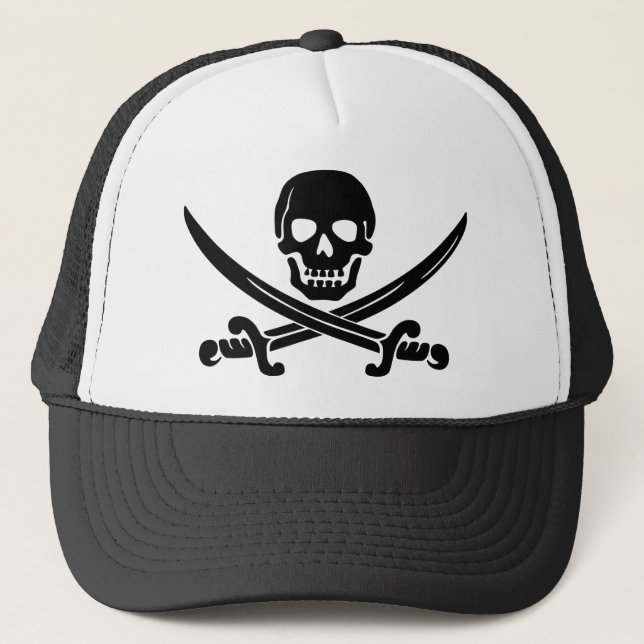 Simple Smiling Pirate Skull with Crossed Swords Trucker Hat (Front)