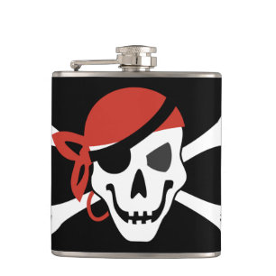 Simple Smiling Pirate Skull with Red Bandanna Hip Flask
