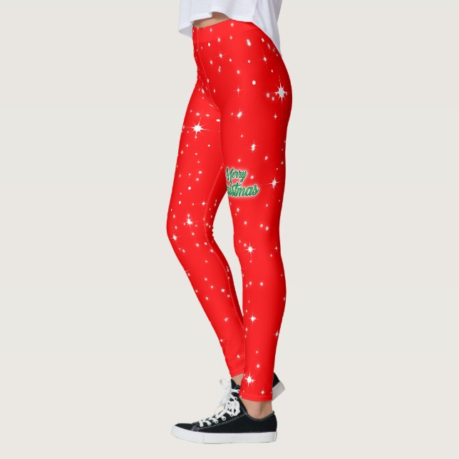 Simple Snow and Stars on Christmas Red Leggings (Left)