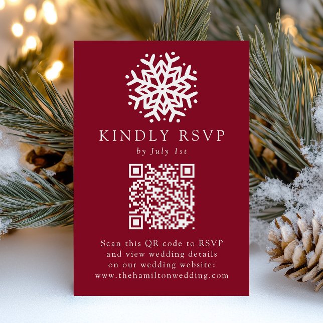 Simple Snowflake Burgundy QR Code Wedding RSVP Card (Creator Uploaded)