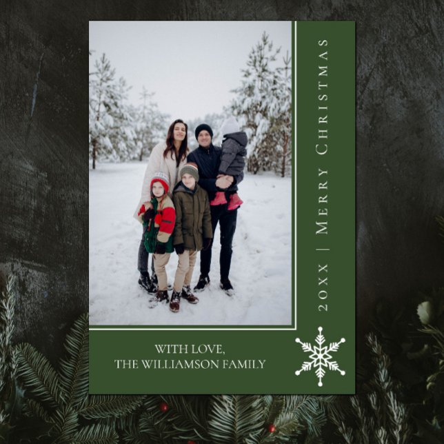 Simple Snowflake Christmas Photo Card | Green (Green Simple Snowflake Christmas Photo Card)
