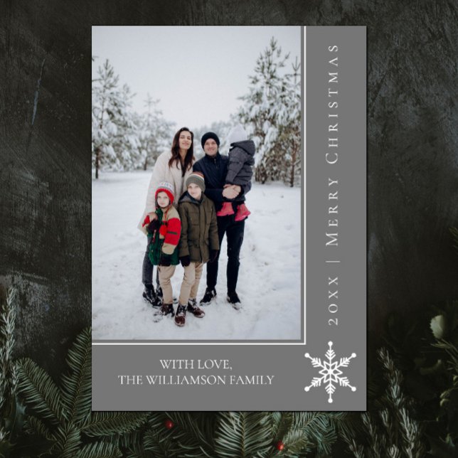 Simple Snowflake Christmas Photo Card | Grey (Gray Simple Snowflake Christmas Photo Card)