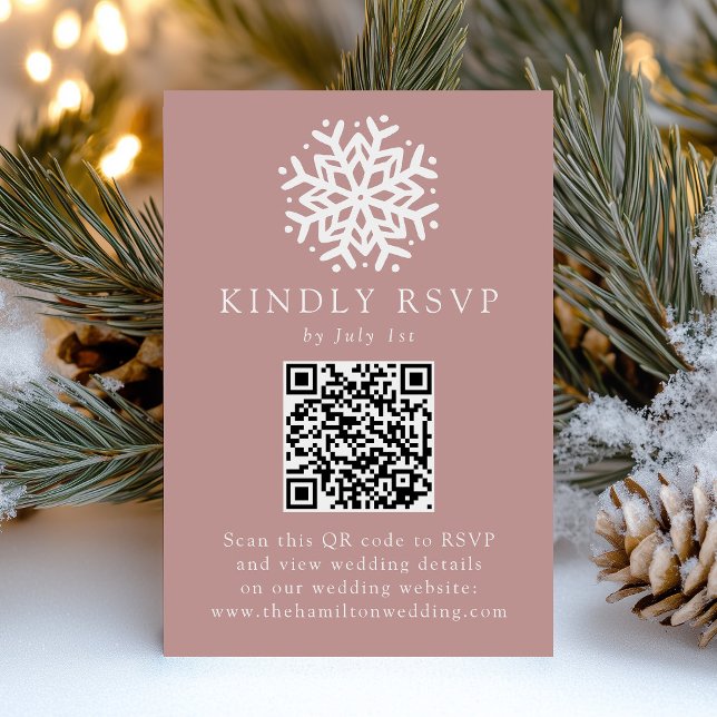 Simple Snowflake Dusty Rose QR Code Wedding RSVP Card (Creator Uploaded)