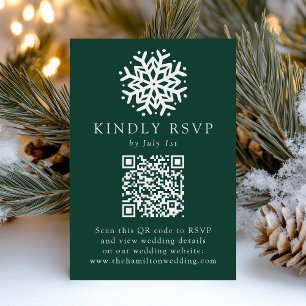 Simple Snowflake Green QR Code Wedding RSVP Card