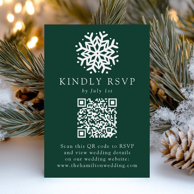 Simple Snowflake Green QR Code Wedding RSVP Card (Creator Uploaded)