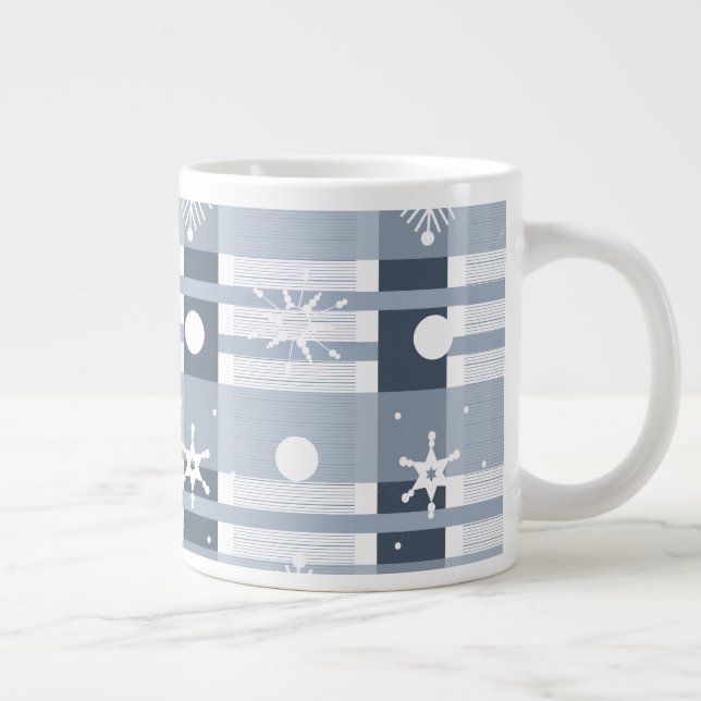 Simple Snowflakes Blue Plaid Large Coffee Mug (Right)