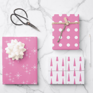 Simple Snowflakes Christmas Trees Pink Wrapping Paper Sheet