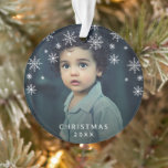 Simple Snowflakes Cute Photo Christmas Ornament<br><div class="desc">Add a memory to your tree with this cute keepsake ornament featuring a modern and simple design with snowflakes and the word, "Christmas" along with the year, over your favourite family photo. The template allows you to change the word, "Christmas" to a child's name or your family name. Add the...</div>