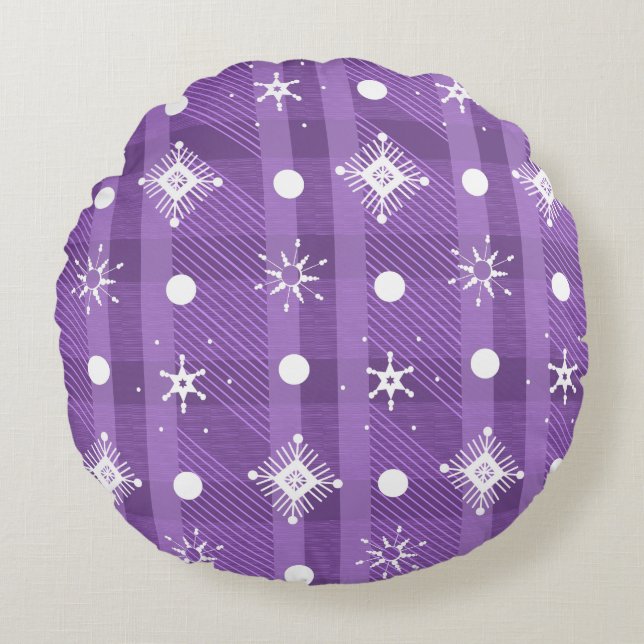 Simple Snowflakes Purple Plaid Pattern    Round Cushion (Front)