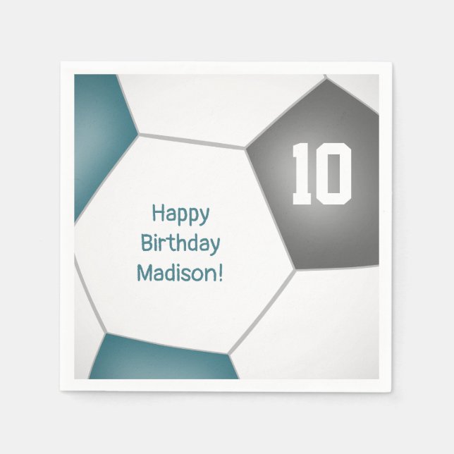 simple soccer ball girls boys birthday teal grey napkin (Front)