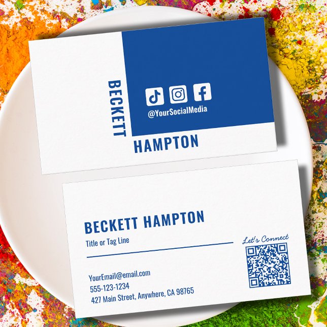 Simple Social Media QR Code Blue Business Card (Creator Uploaded)