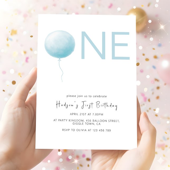 Simple Soft Blue Balloon Boy First Birthday Invitation (Creator Uploaded)