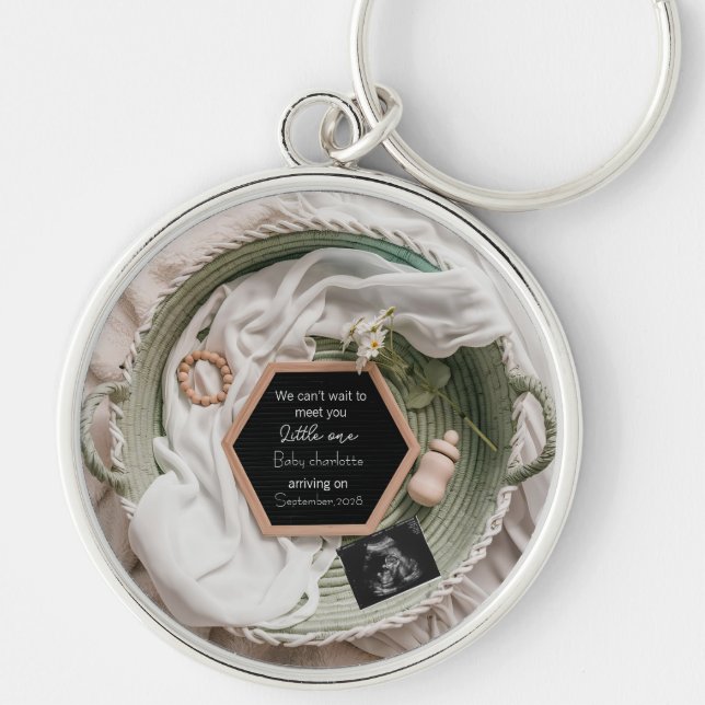 Simple soft Neutral Pregnancy Announcement gift Key Ring (Front)