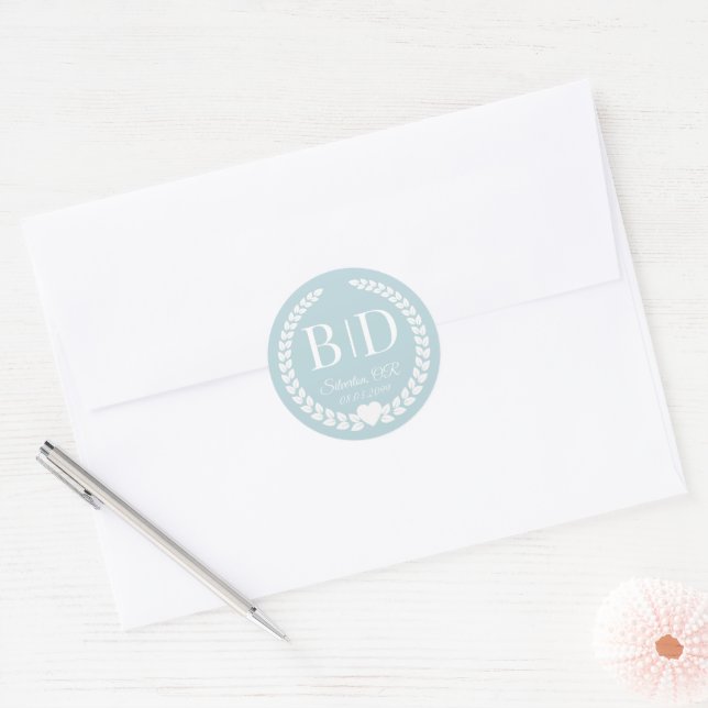 Simple Soft Winter Blue Monogram Classic Round Sticker (Envelope)