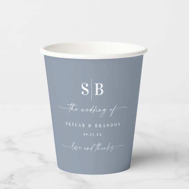 Simple Solid Colour Dusty Blue Wedding Monogram Paper Cups (Front)