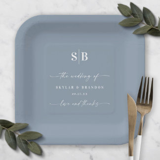 Simple Solid Colour Dusty Blue Wedding Monogram Paper Plate