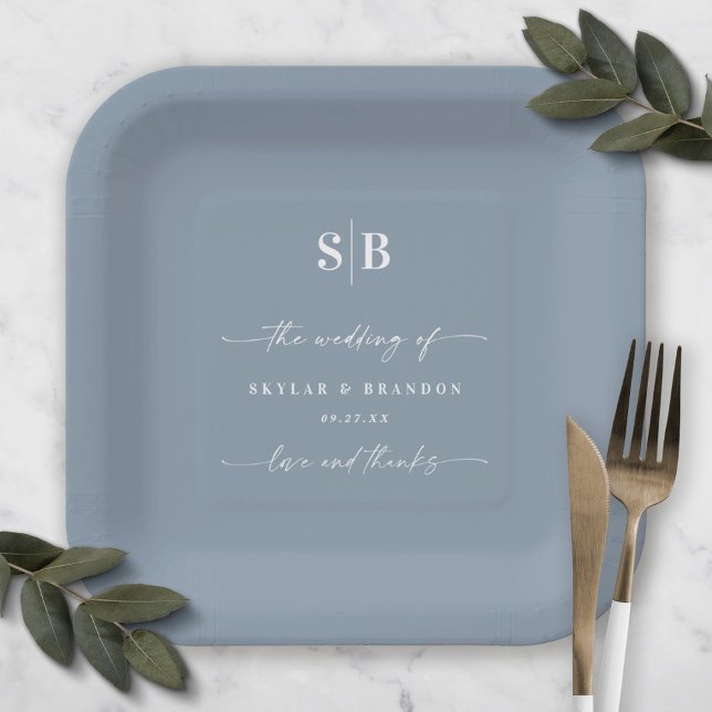 Simple Solid Colour Dusty Blue Wedding Monogram Paper Plate (Creator Uploaded)