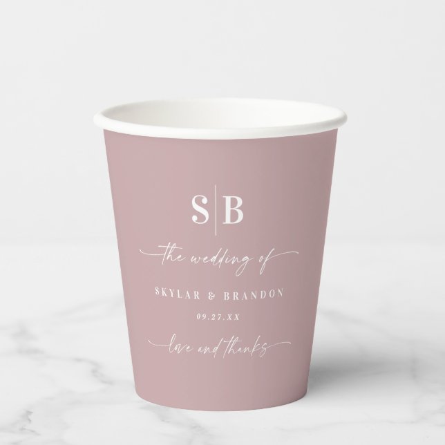 Simple Solid Colour Dusty Mauve Wedding Monogram Paper Cups (Front)