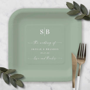 Simple Solid Colour Leaf Green Wedding Monogram Paper Plate