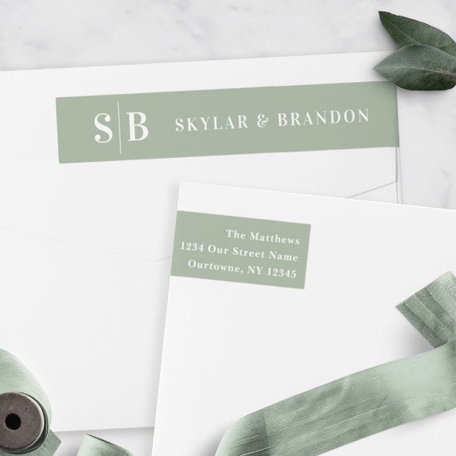 Simple Solid Colour Leaf Green Wedding Monogrammed Wrap Around Label (Creator Uploaded)